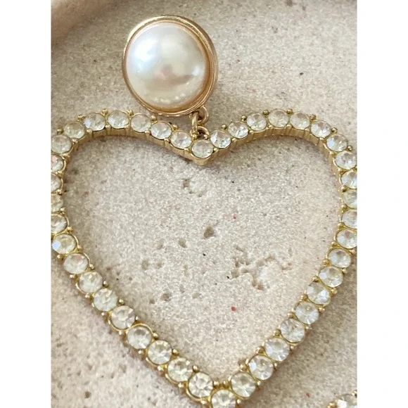 Sugarfix Heart Drop Earrings Faux Pearl Rhinestone Gold Tone Statement Dangle - Picture 4 of 7
